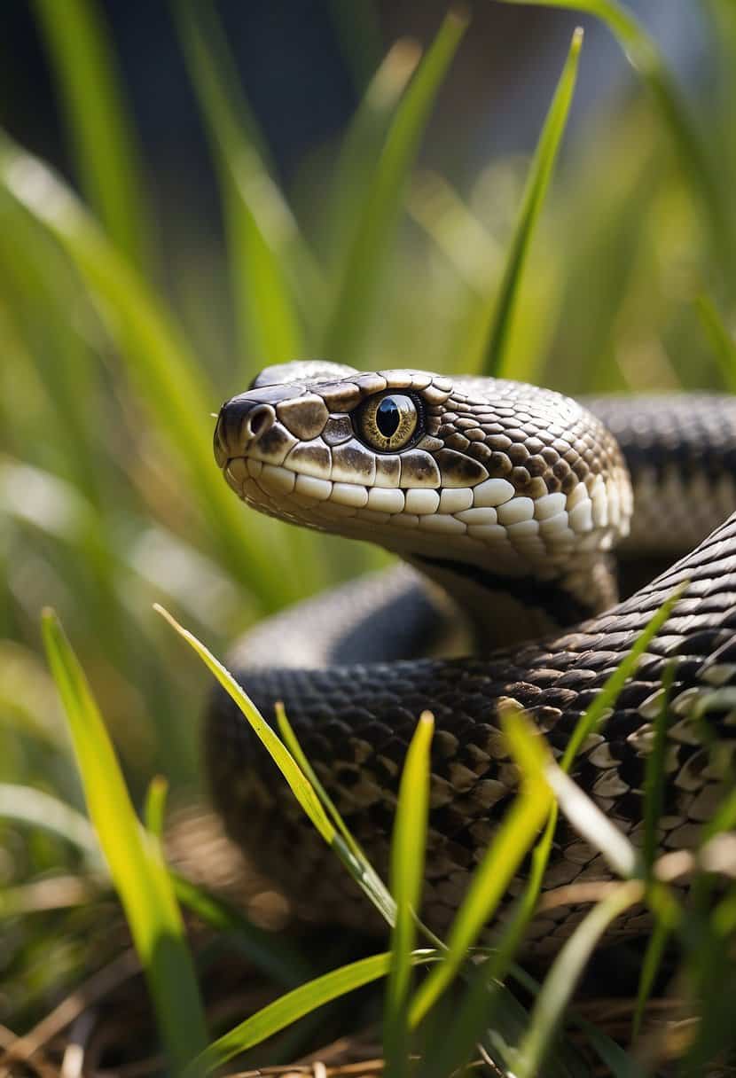 A sleek snake slithers through tall grass, its scales shimmering in the sunlight. Its piercing eyes exude wisdom and mystery, embodying the spirit animal's characteristics of transformation and renewal