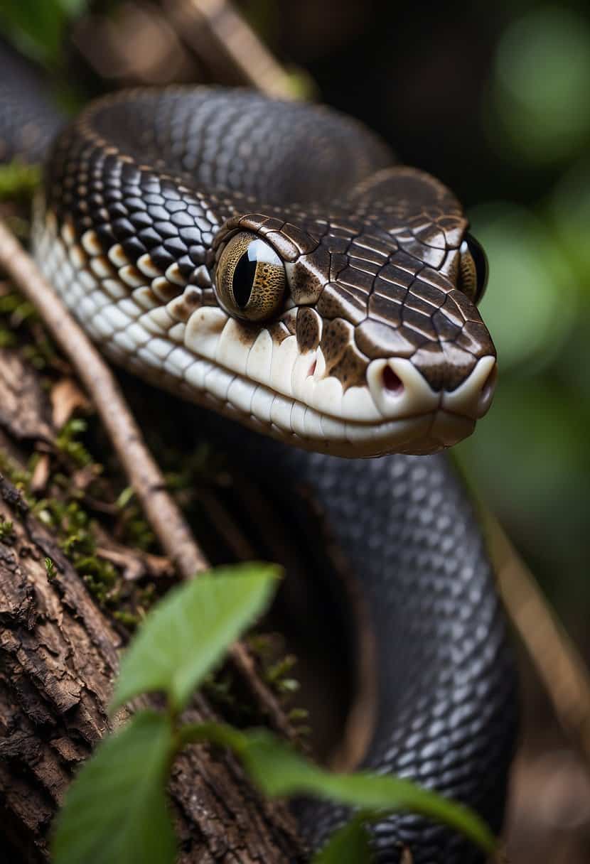 A snake coiled around a tree, its eyes focused and tongue flickering, symbolizing transformation and healing