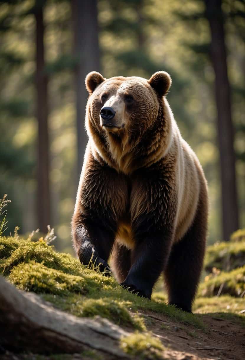 A bear standing tall, its powerful presence exuding strength and wisdom, surrounded by symbols of nature and spirituality