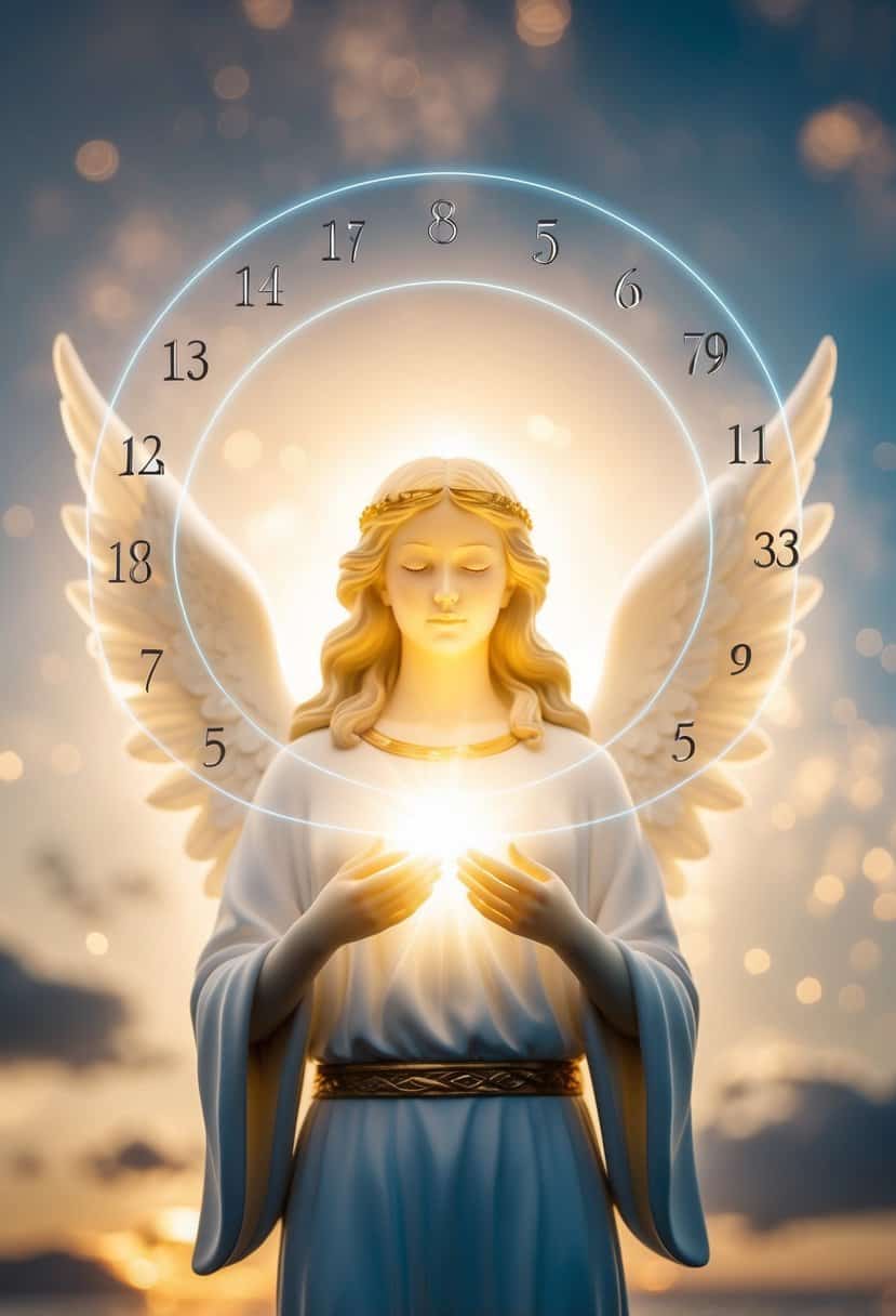 A serene angelic figure surrounded by a glowing aura, holding a sequence of numbers in the air