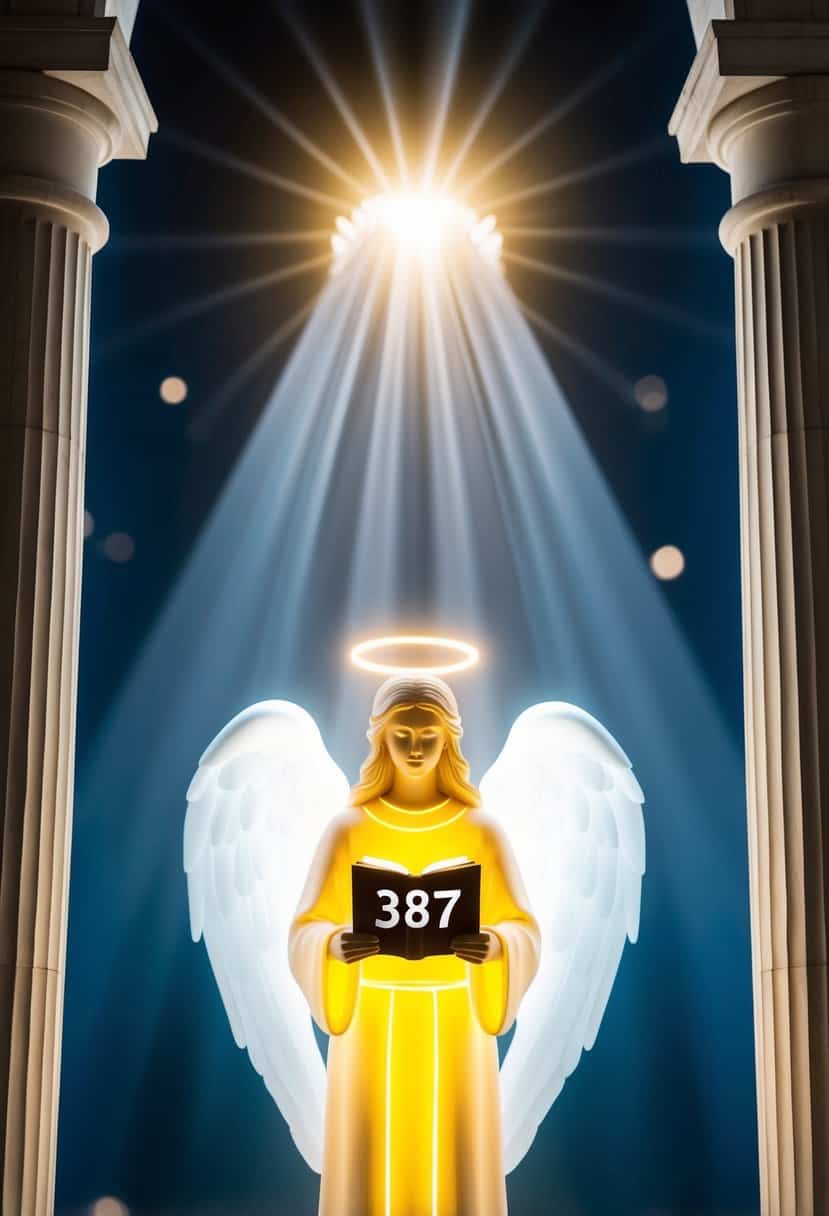 A glowing angelic figure stands between two pillars, holding a book with the numbers 387. Above, a radiant light illuminates the scene