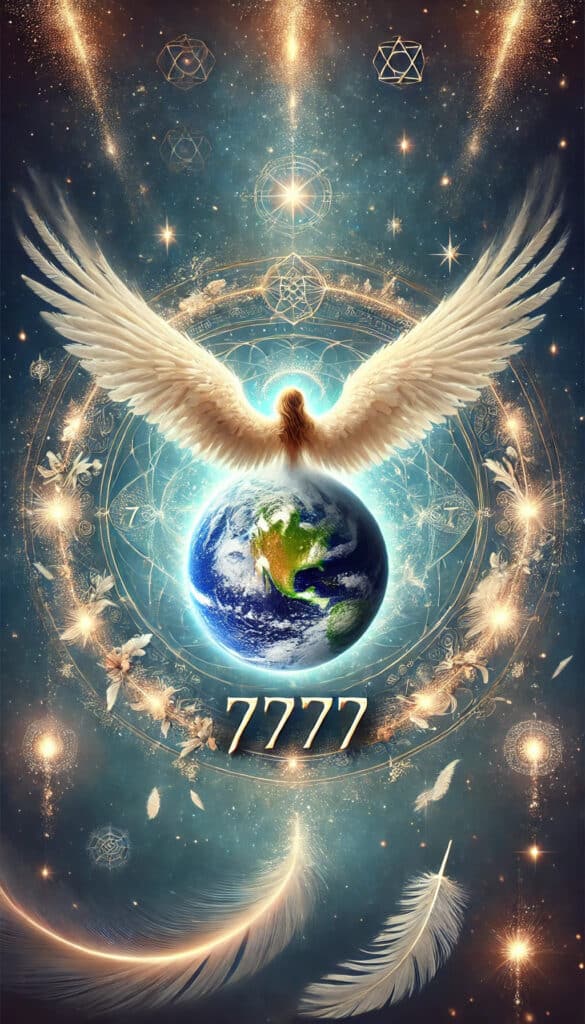 the meaning of angel number 7777. The number 7777 is prominently displayed, with a detailed depiction of the Earth at the bottom. Above the Earth, an ethereal angel figure looks down, surrounded by angel wings, sparkles, and soft light beams. The background features a mystical gradient with shades of blue, evoking spirituality and enlightenment, with subtle symbols like delicate feathers and shimmering stars conveying the divine and cosmic significance of the number.