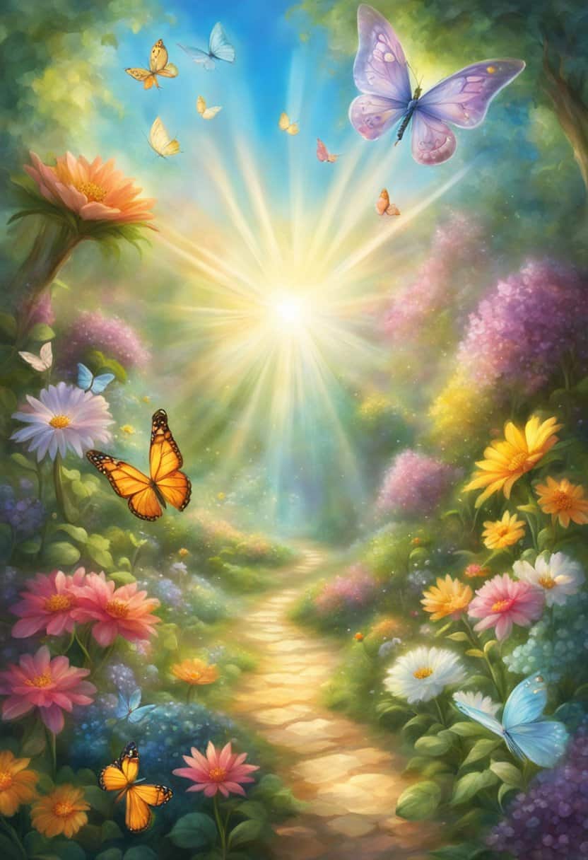 A garden with seven blooming flowers, seven butterflies, and seven rays of sunlight shining down, representing personal growth and the angel number 7777