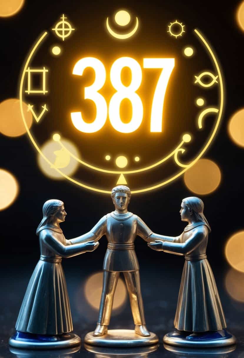 A figure stands between two others, forming a triangle. Above them, the number 387 glows in golden light, surrounded by celestial symbols