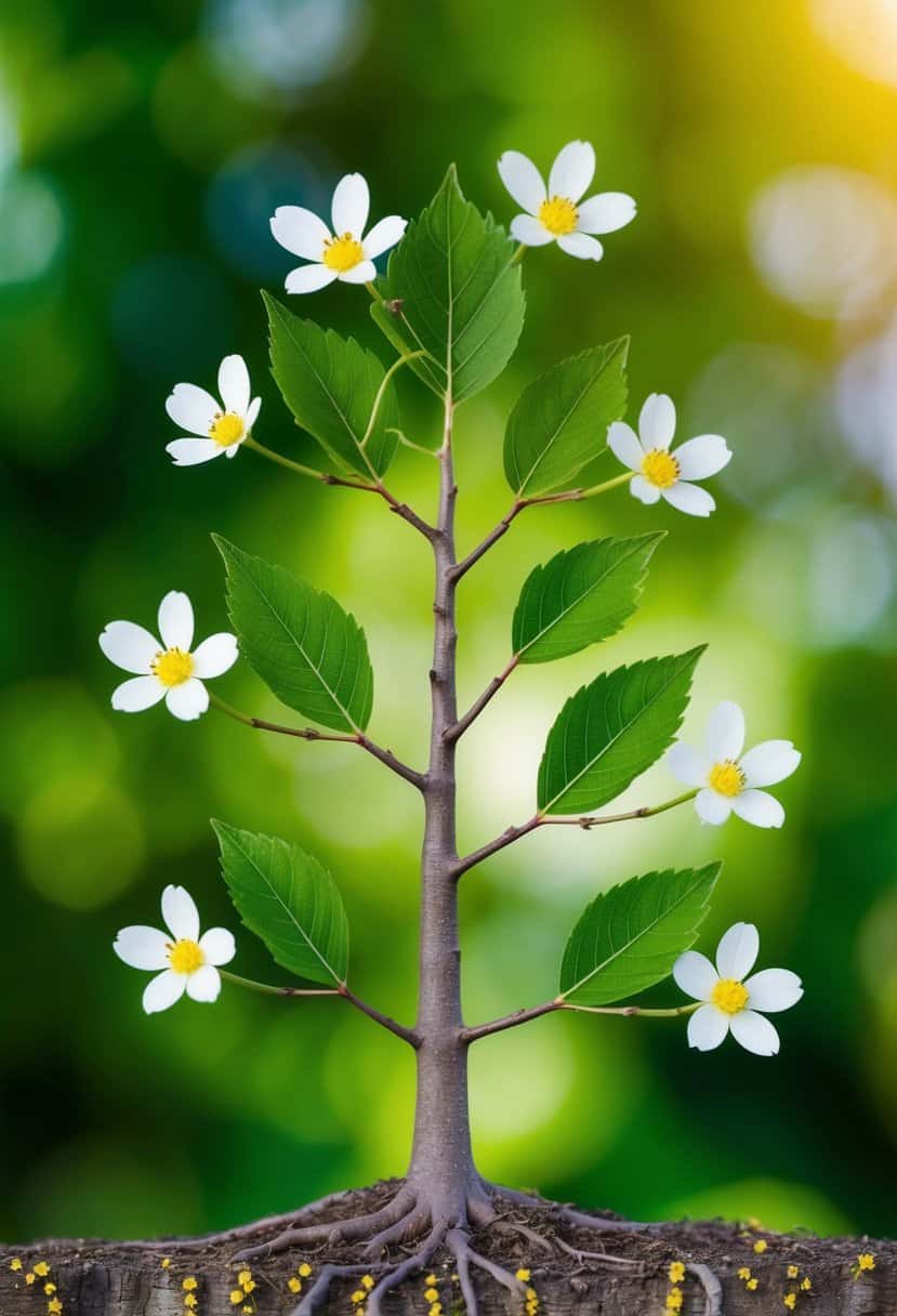 A tree with three branches, each bearing seven leaves, and eight flowers. The tree is growing taller, symbolizing personal growth