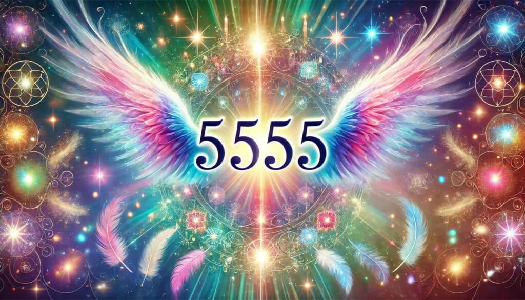 The number 5555 (four 5s) is prominently displayed in a large, glowing, and elegant font at the center, surrounded by ethereal elements like angel wings, sparkles, and soft light beams. The background features a mystical gradient with bright and varied colors, including shades of blue, purple, pink, and green, evoking spirituality and enlightenment. Subtle symbols like delicate feathers, shimmering stars, and an abstract angel figure convey the divine and cosmic significance of the number.