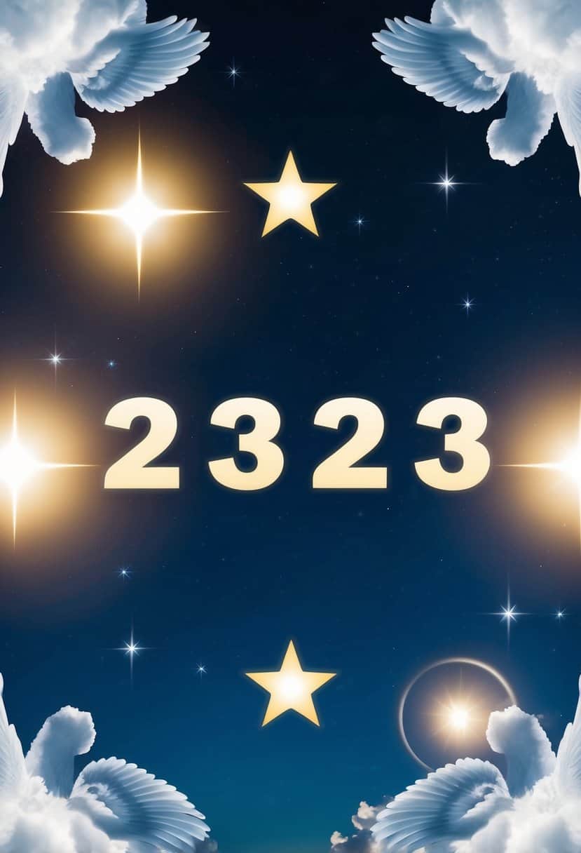 A serene night sky with four bright stars forming the number 2323, surrounded by celestial symbols and angelic imagery