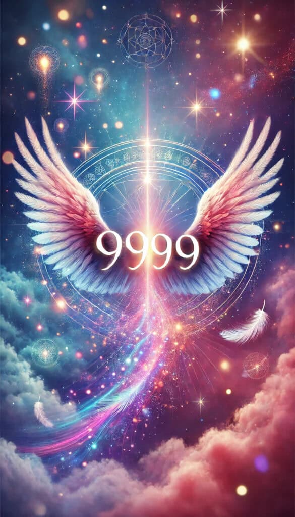 the meaning of angel number 9999. It prominently features the number 9999 in a glowing font, surrounded by ethereal elements like angel wings, sparkles, and soft light beams. The mystical gradient background of blues, purples, and pinks adds a spiritual and enlightening atmosphere, with subtle symbols conveying the divine and cosmic significance of the number.