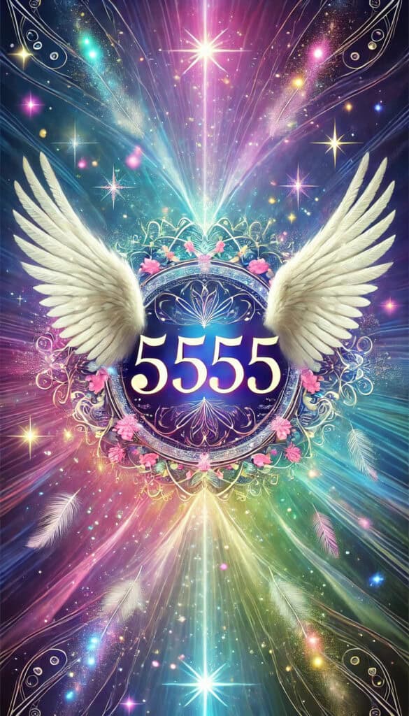 The number 5555 (four 5s) is prominently displayed in a large, glowing, and elegant font at the center, surrounded by ethereal elements like angel wings, sparkles, and soft light beams. The background features a mystical gradient with bright and varied colors, including shades of blue, purple, pink, and green, evoking spirituality and enlightenment. Subtle symbols like delicate feathers, shimmering stars, and an abstract angel figure convey the divine and cosmic significance of the number.