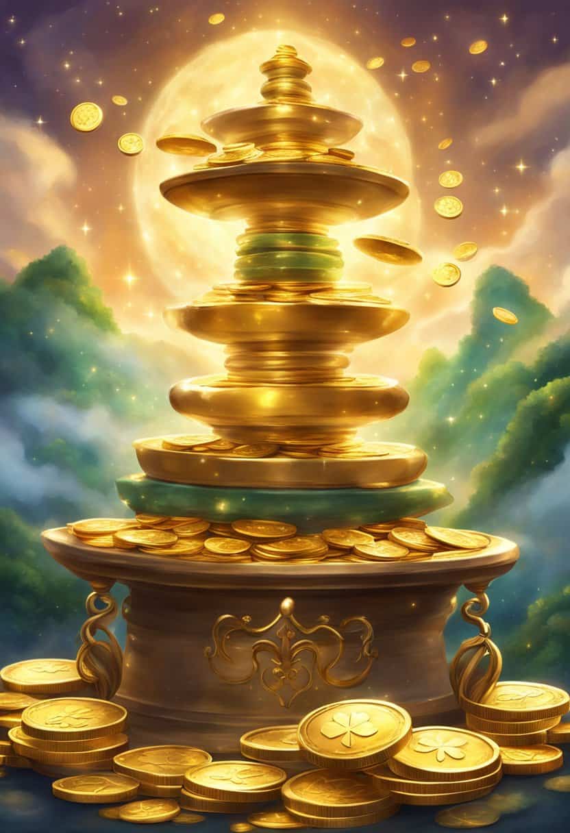 A golden scale balanced with stacks of coins, surrounded by seven shining stars and seven lucky clovers