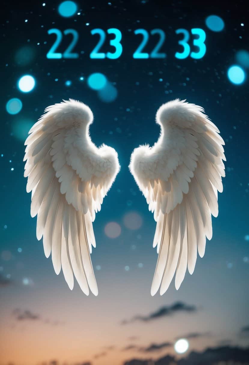 A pair of angelic wings spread wide against a starry sky, with two sets of numbers, "2323," glowing in the background