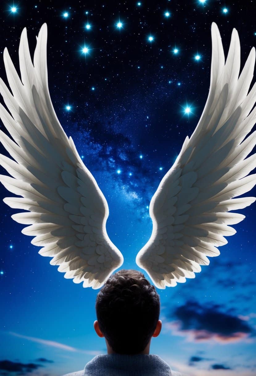 A figure gazes up at a night sky filled with twinkling stars, while a pair of angelic wings unfolds behind them, symbolizing the manifestation of desires and recognition of opportunities