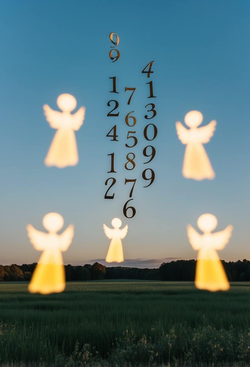 A serene landscape with a clear sky and a series of numbers floating in the air, surrounded by glowing angelic figures