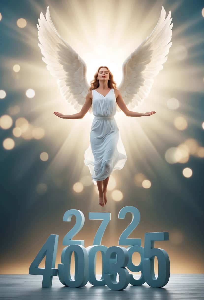 A serene angelic figure hovers above a group of intertwined numbers, radiating a sense of wisdom and guidance