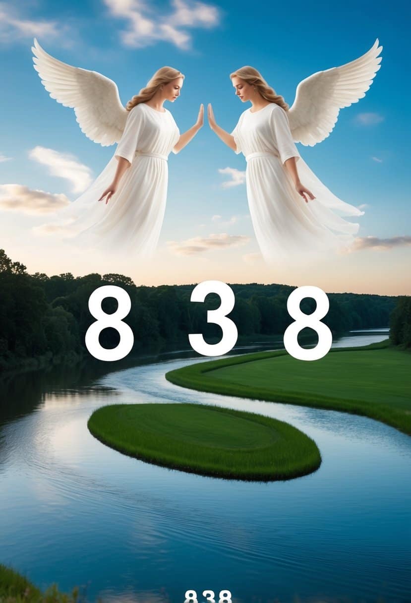 A serene landscape with a figure-eight shaped river and two angelic figures hovering above, surrounded by the number 838 repeated in various forms