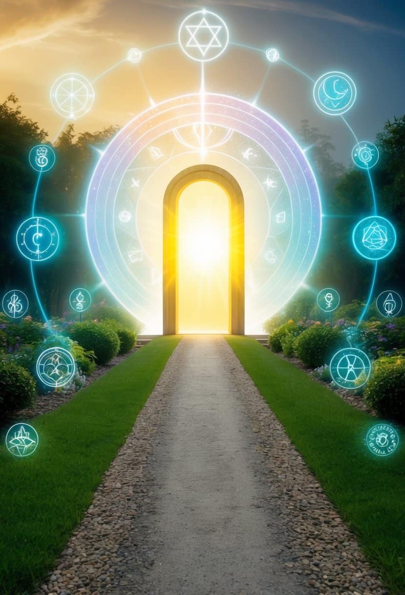 A serene garden with a pathway leading to a glowing portal, surrounded by celestial symbols and ethereal light