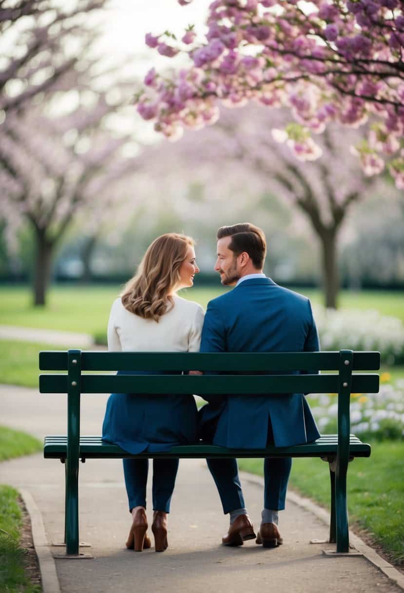 A couple sitting on a park bench, surrounded by blooming flowers and a serene atmosphere, feeling a deep connection and understanding with each other