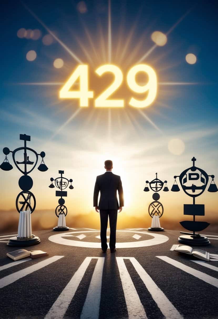 A figure standing at a crossroads, surrounded by symbols of career and purpose. A glowing number 429 hovers above, radiating a sense of guidance and reflection