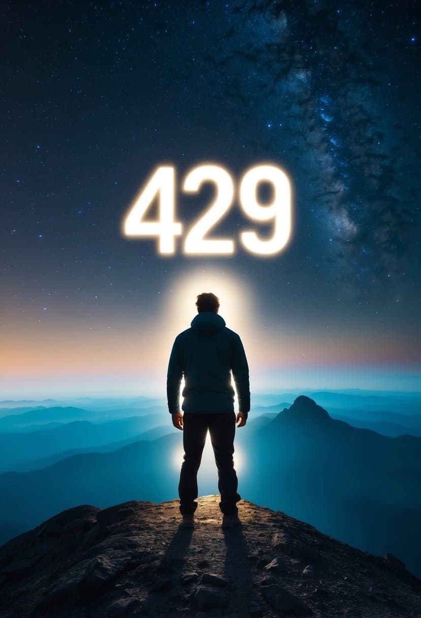 A figure surrounded by light, standing on a mountain peak, gazing at the sky filled with stars and a glowing number 429