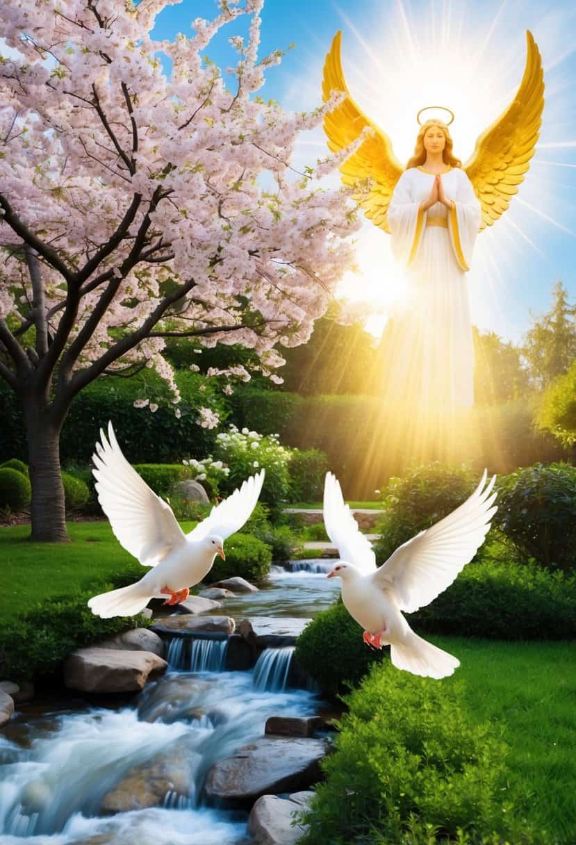 A serene garden with a blooming cherry blossom tree, a flowing stream, and a pair of doves in flight under the watchful gaze of a radiant, golden angel