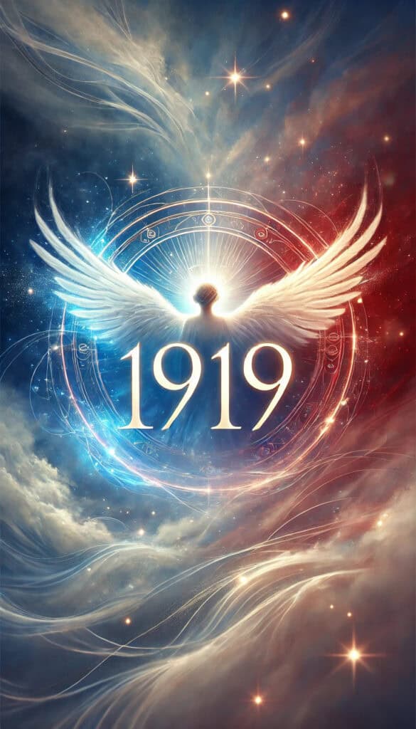 the number "1919" prominently displayed in the center. The serene background with blue, red, and white tones, along with ethereal elements like angel wings and soft light beams, emphasizes the spiritual and divine nature of the number.