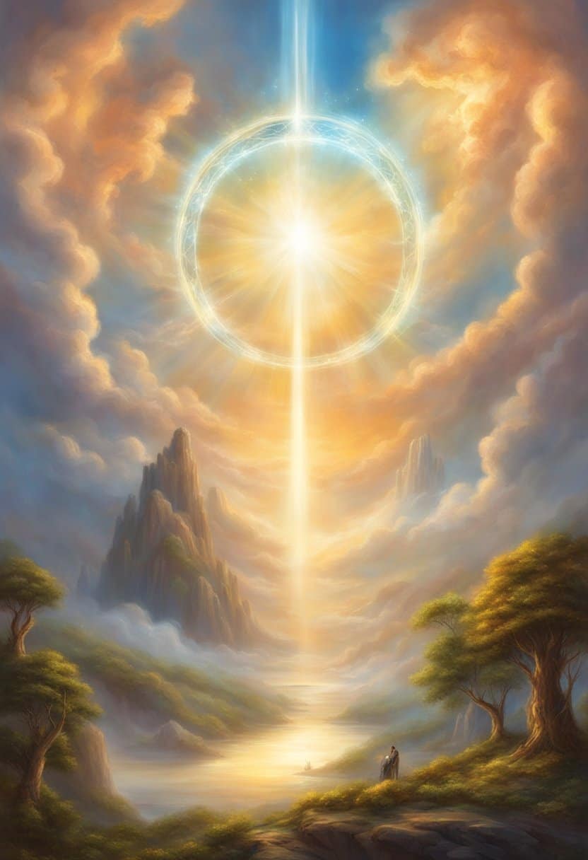 A glowing halo of five repeating fives hovers in the sky, radiating a sense of divine significance and spiritual guidance