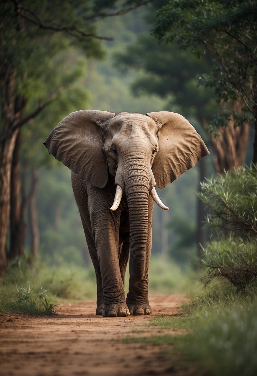 An elephant stands majestically, embodying strength and wisdom. Its trunk reaches out, symbolizing communication and connection with the spirit world