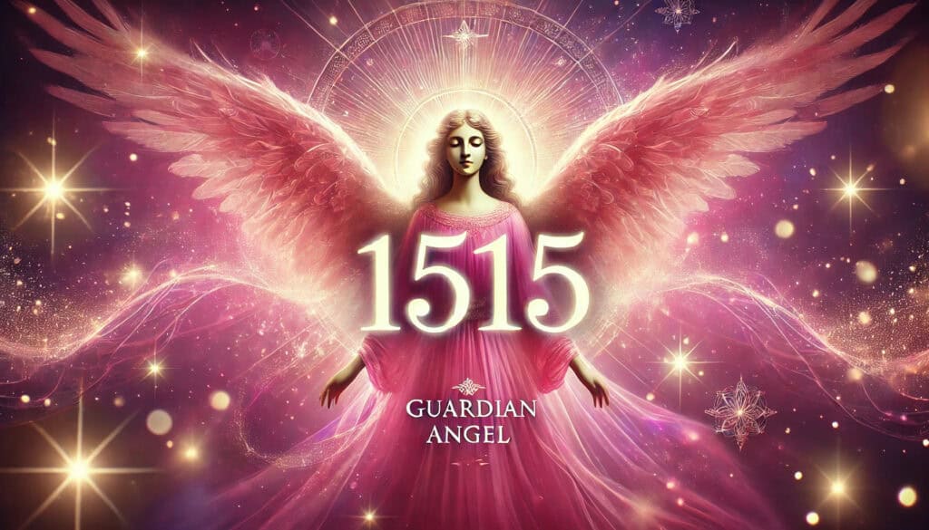  angel number 1515, with a pink hue, featuring the number 1515 and a guardian angel prominently displayed. The design emphasizes the spiritual and transformative message of the angel number.