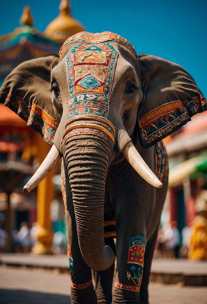 An elephant standing majestically amidst traditional cultural symbols, surrounded by vibrant colors and intricate patterns