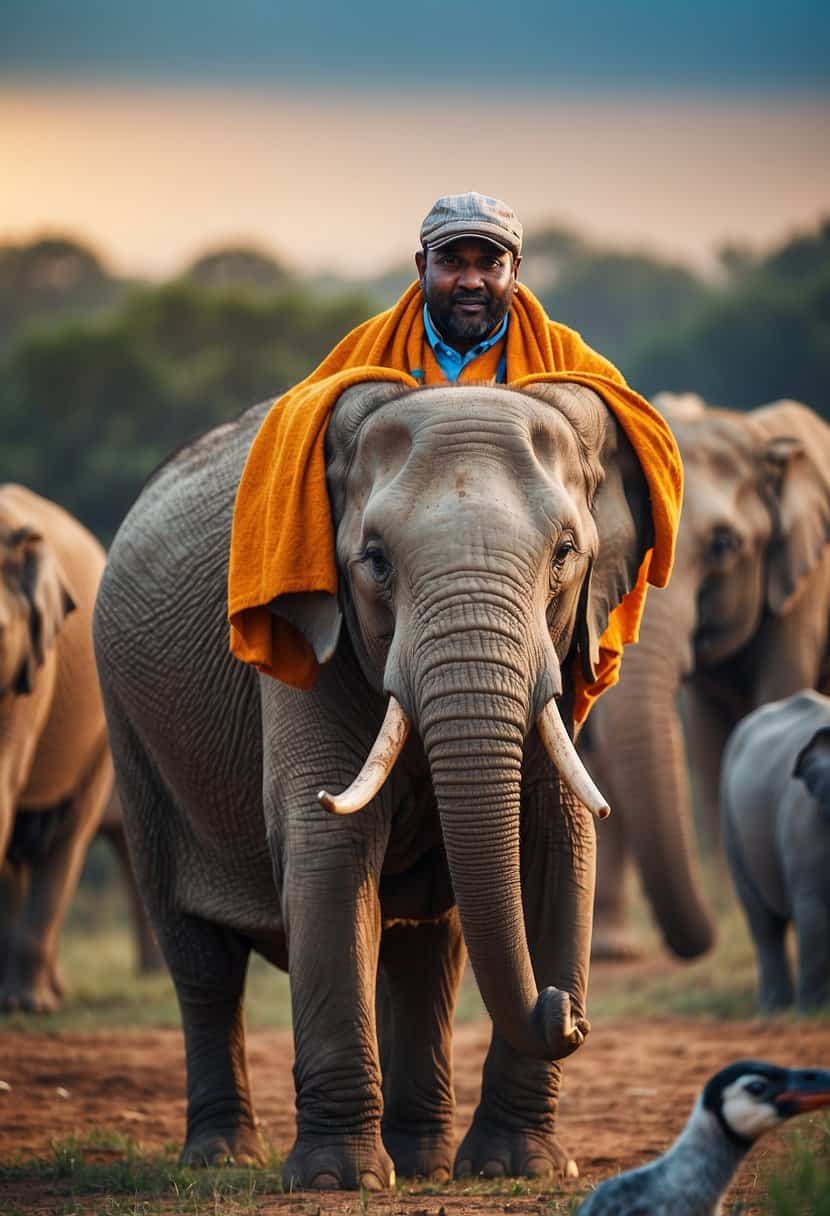 Elephant surrounded by a diverse group of animals, symbolizing social connections and community