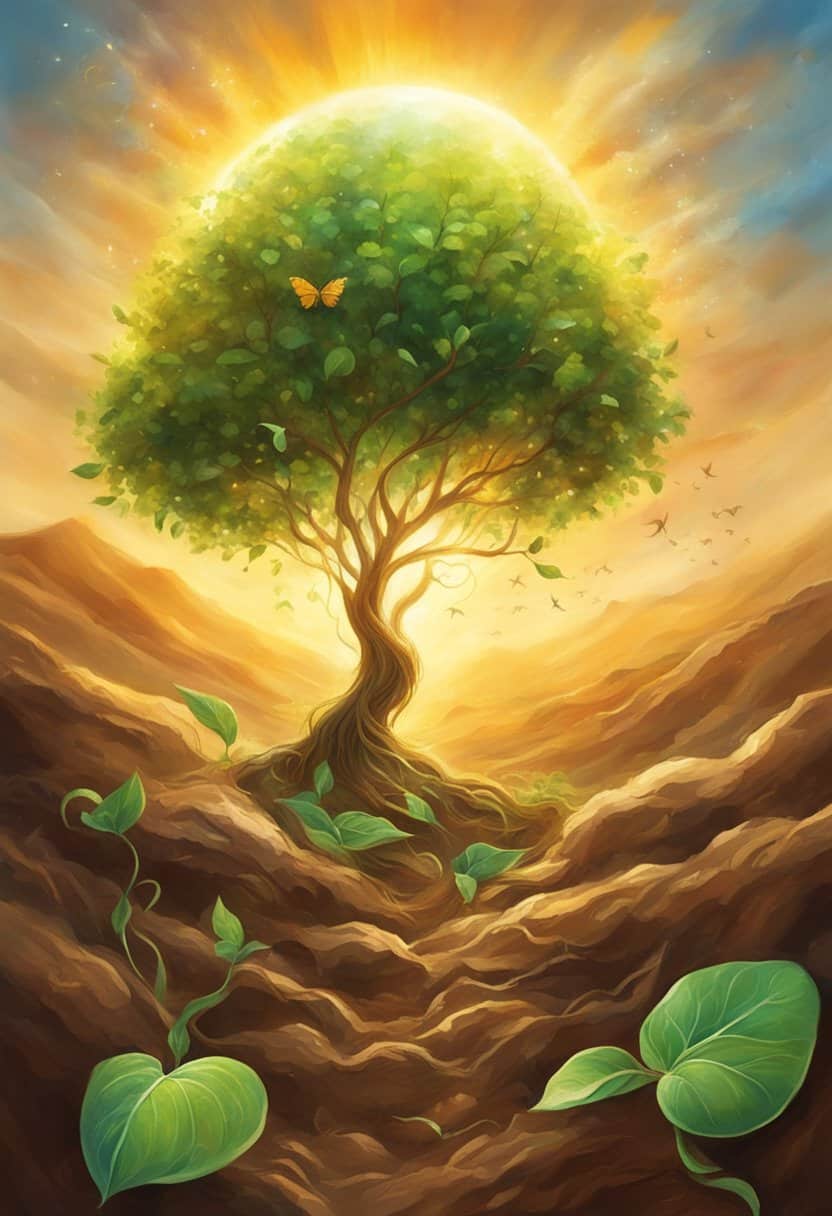 A seedling breaking through the soil, reaching towards the sunlight, surrounded by symbols of growth and opportunity