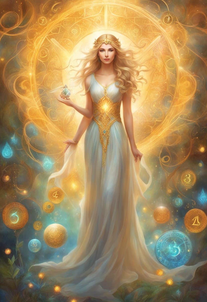 A glowing, ethereal figure stands beside a set of repeating numbers, surrounded by symbols of growth and transformation