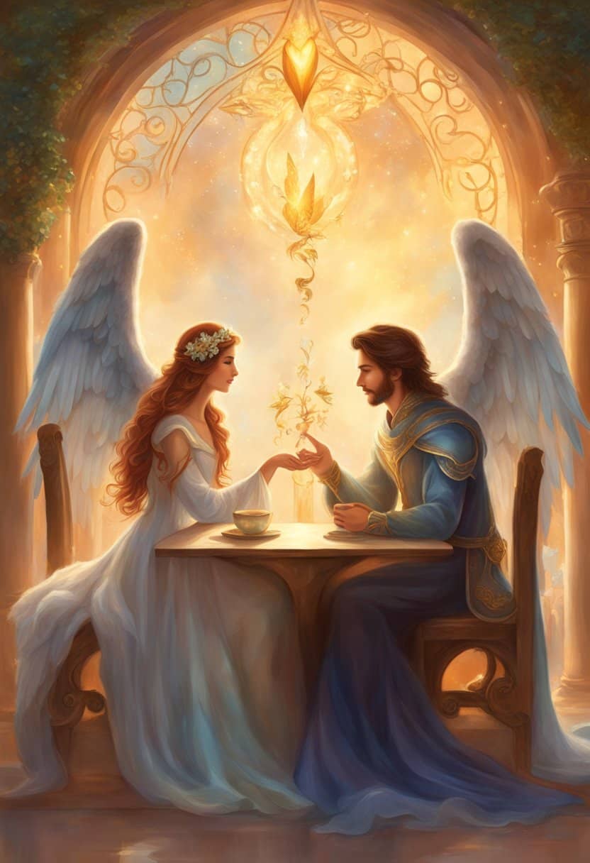 A couple sits at a table, surrounded by the 1515 angel number meaning. They engage in deep conversation, expressing love and understanding