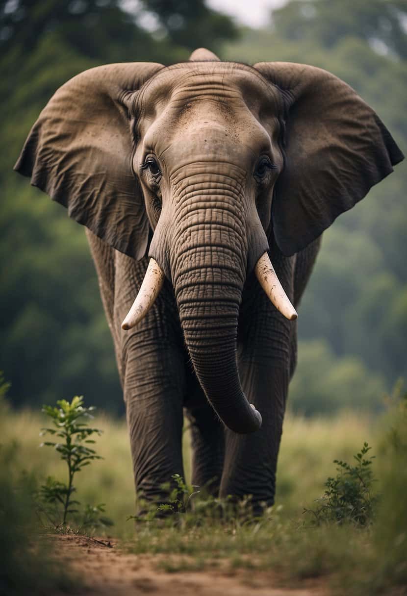 An elephant with a serene expression, surrounded by symbols of wisdom and strength, standing in a peaceful natural setting